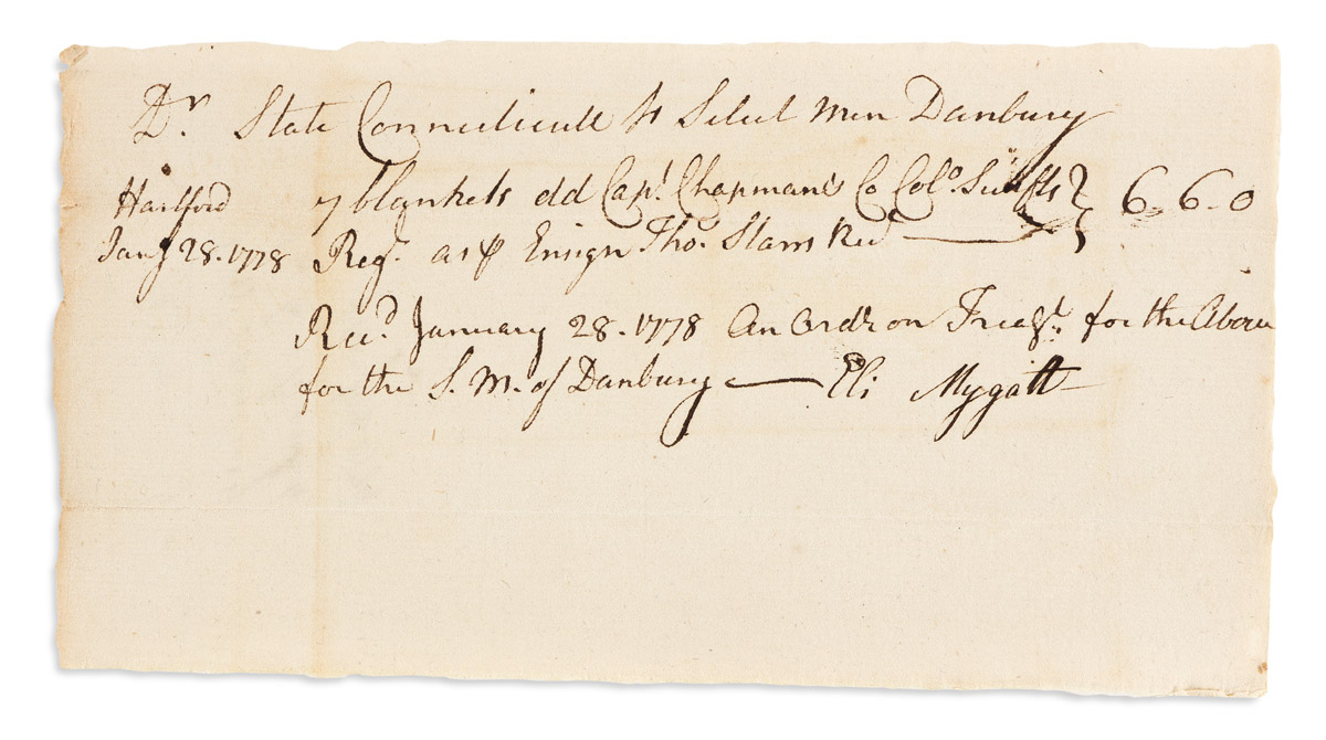 (AMERICAN REVOLUTION--1778.) Receipt for blankets for Connecticut troops at Valley Forge.